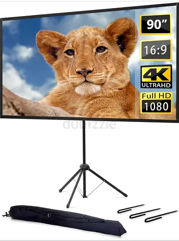 Projector Screen with Tripod, Portable Projector Screen 90 Inches, 16:9, 4K HD Projection Screen, Li