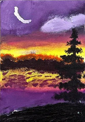 Original Small Vivid Sunset Landscape Painting on Canvas. Size 12.7 x 17.8 cm