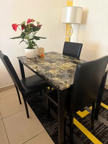 3-Seater Dining Table Set — Marble-Effect Top with Black Chairs