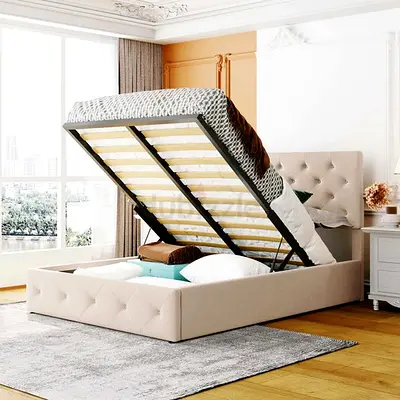 Button tufted head  footboard queen storage bed