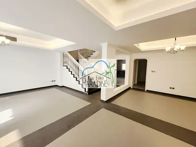 away from fly zone /private entrance 4 bedroom all master villa/large living and dinning/large kitchen/maids room/TV lounge/car parking/rent in mirdif