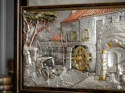 Framed metal relief wall hanging — 1913vintage watermill scene
