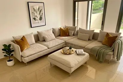 Minimalist corner sofa set Ottoman included Neutral beach color, cozy seating