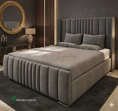Elegant Grey Upholstered Bed with Plush Headboard