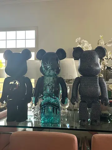 My set of 3 Bearbrick collectible figures — black Pill, Statue of Liberty, British Museim