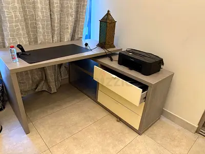 Light grey study/computer desk with built-in drawers  matching large book shelf - good condition