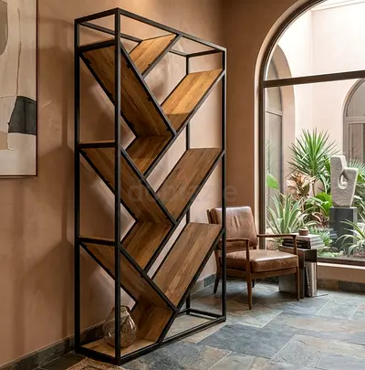 Modern V-Shaped Open Shelf Metal Wood Bookcase