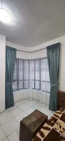 Light blue curtain set with white sheers — good condition