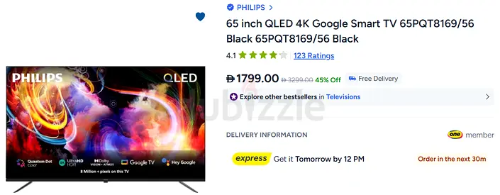 65 Philips QLED Smart TV with  Pure Android Google TV