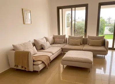 Corner sofa with ottoman Soft fabric, light beach color Comfortable everyday seating