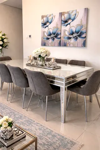 🚨 URGENT SALE – Dining Table + 8 Chairs (Home Centre / Home R Us Chairs – Silver Frame) 🚨