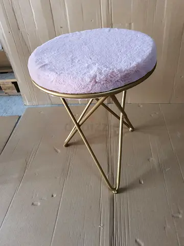 Pink faux-fur round vanity stool with gold frame — gently used