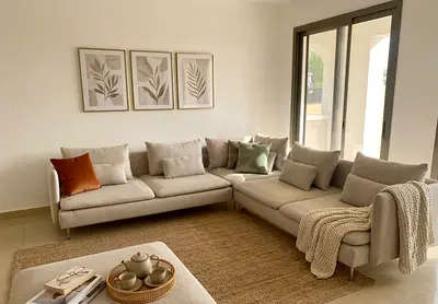 L-shape corner sofa + ottoman Premium fabric Light beach color, perfect for any space