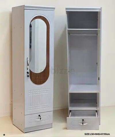 White Slim Single-Door Wardrobe with Mirror  Drawer (50×45×190cm)