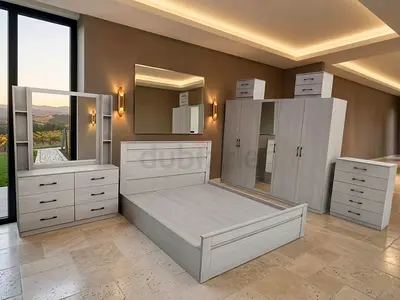 Brand New Light Grey Complete Bedroom set – Bed, wardrobe, dressers  mirror