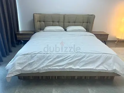 Beige-Grey Double Bed with Mattress – 210×220 cm