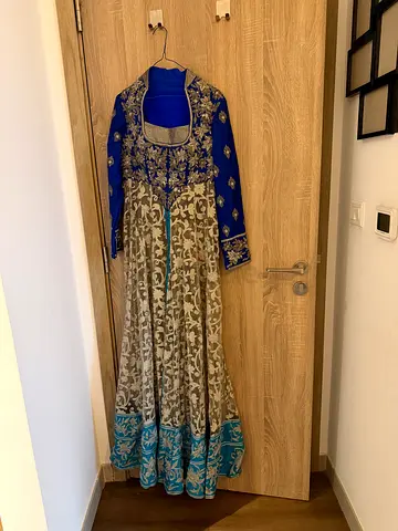 Blue  Beige Embroidered Anarkali Dress - Good Condition