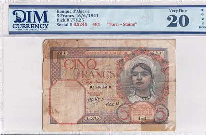 Algeria Banknote 5 francs 1941 DIM 100 AED