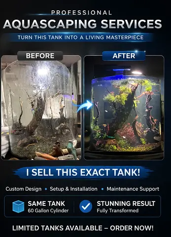 My 60-gallon cylinder aquarium — fully aquascaped (same tank shown)
