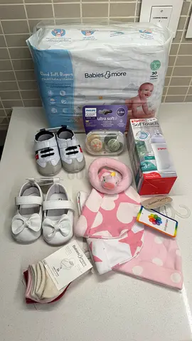 Baby essentials bundle — unopened diaper pack, pacifiers, bottle, shoes  accessories