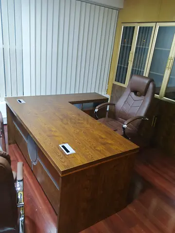 Executive L-shaped Wooden Office Desk with Leather Chair  Storage Cabinets