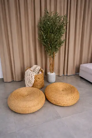 Boho Decor Set – 2 Poufs, Olive Plant, Basket  Throw