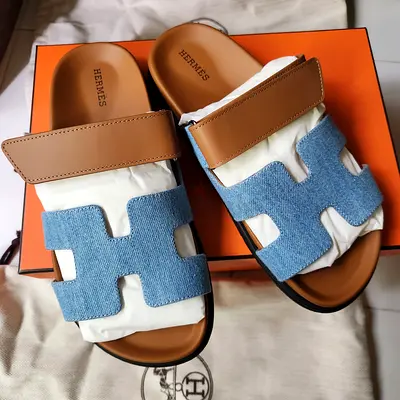 Hermes Chypre Sandals Denim and Gold Size 38