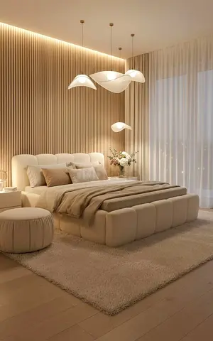 Beige Upholstered Bed with Padded Headboard