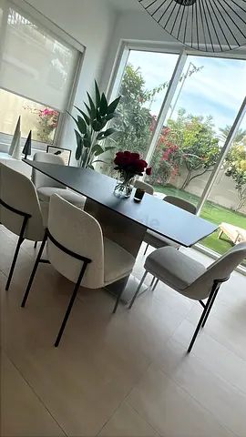 Modern black dining table with 6 West Elm chairs in excellent condition