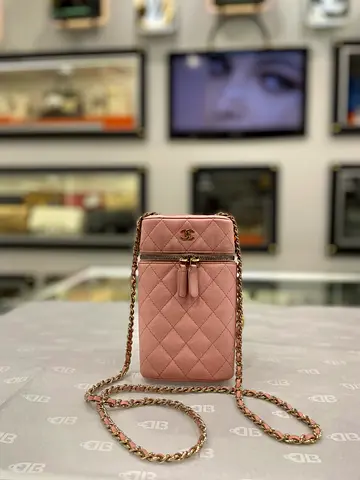 Chanel Pink Caviar Quilted Phone Holder with Chain (Authentic/PreOwned)