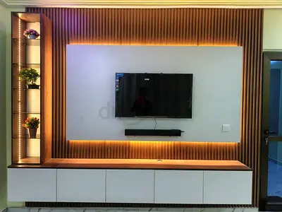 Modern Fluted Wood  Backlit TV Console