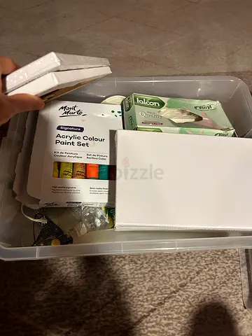 Acrylic paint set with small canvases and accessories - used