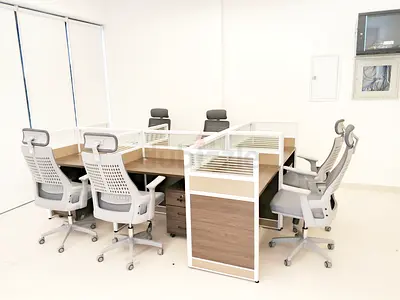 6-person modular office workstation set with ergonomic chairs and storage