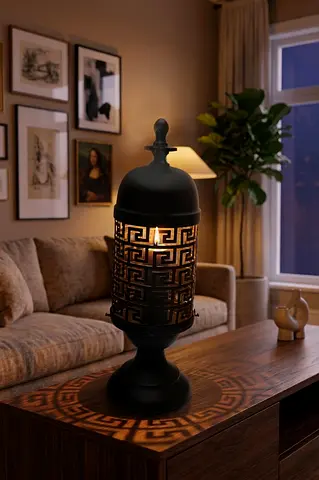 Black Greek Key Candle Lantern | Neo Classical Luxury | Geometric Shadow
