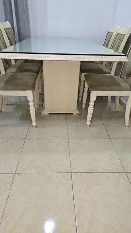 Heavy Wood Rectangle Dining Table with Tempered Glass + Six Chairs