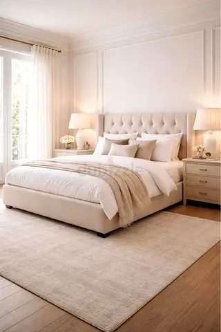 Beige upholstered king-size bed with tufted headboard – good condition