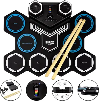 RockJam Roll Up Rechargeable Electric Drum Kit with Bluetooth, Midi, USB  Drumsticks