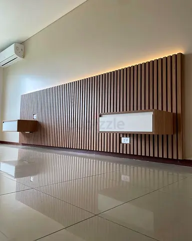 Custom MDF Slatted Wall Panel with Floating Storage Units – Modern Wooden TV Feature Wall with LED B
