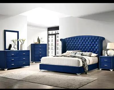 My Blue Tufted Upholstered Bed with Matching Dresser  Nightstand