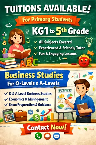 Tuitions for Primary Students (KG1 to 5th Grade). Business studies for IGCSE AND A LEVELS students