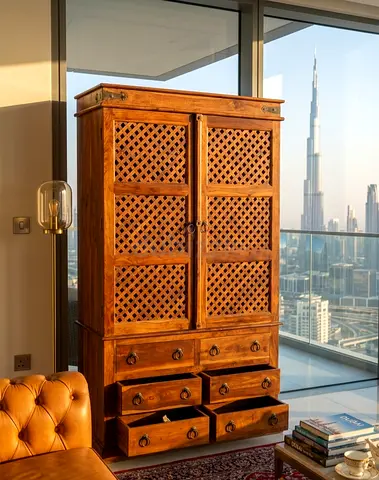 Large Storage Cabinet – Ready to Use Wooden cabinet with double doors and multiple drawers. Perfect