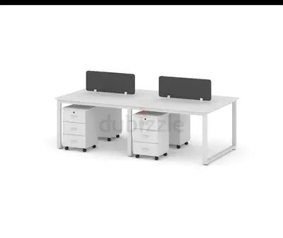White 4-person office bench workstation with mobile pedestals and grey screens