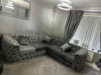 Grey Velvet Tufted L-Shaped Corner 5-SeaterSofa (Chesterfield Style)