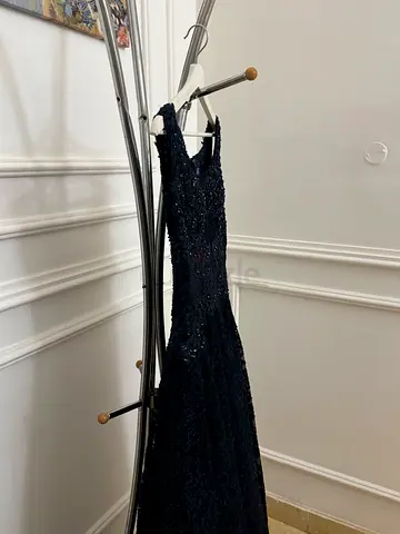 Dark blue beaded lace evening dress (long gown)