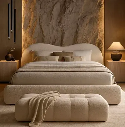 New beige upholstered bed with padded headboard and matching bench