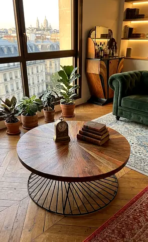 Detailed Buyer-Focused Ad Beautiful round coffee table made with a solid wood top and sturdy metal f