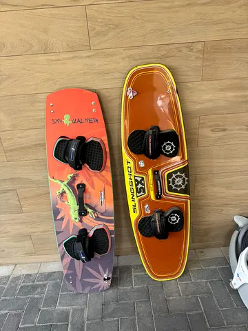 Pair of wakeboards with bindings — Slingshot + patterned board