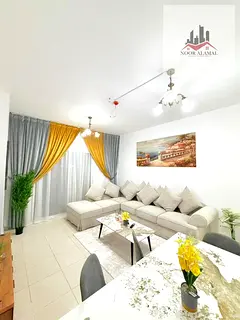 Sharjah, Muwaileh: One bedroom apartment with living room, kitchen, two bathrooms, and balcony.