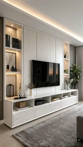 Modern White TV Entertainment Center with Built-in Shelves