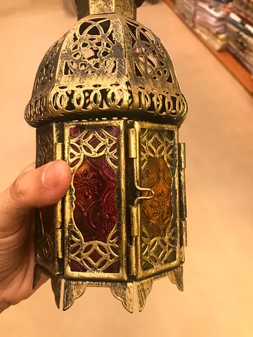 Moroccan-style Brass Lantern with Colored Glass Panels